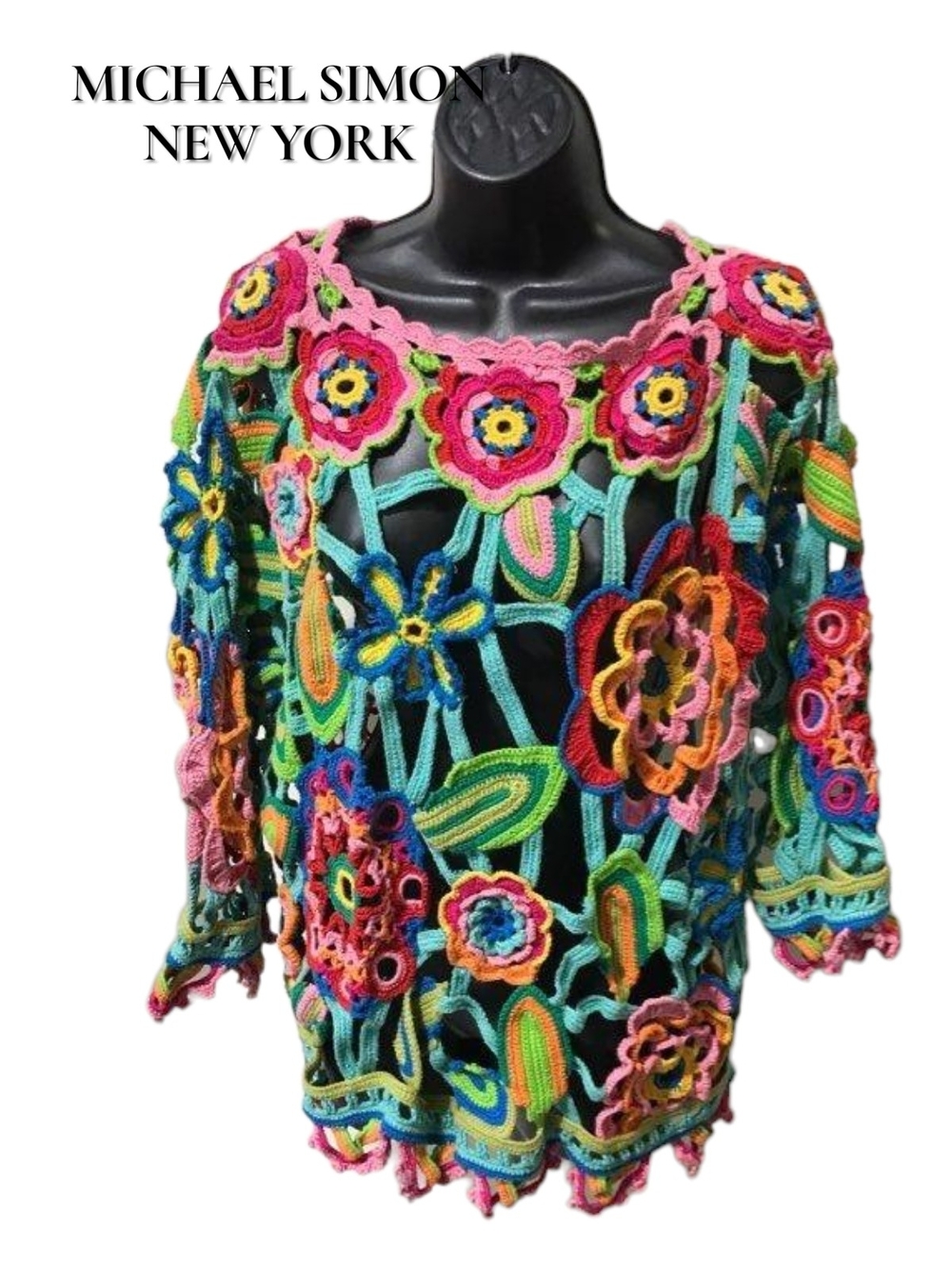 Vintage Michael Simon New York Floral Crochet Sweater Open Knit Multi One Size